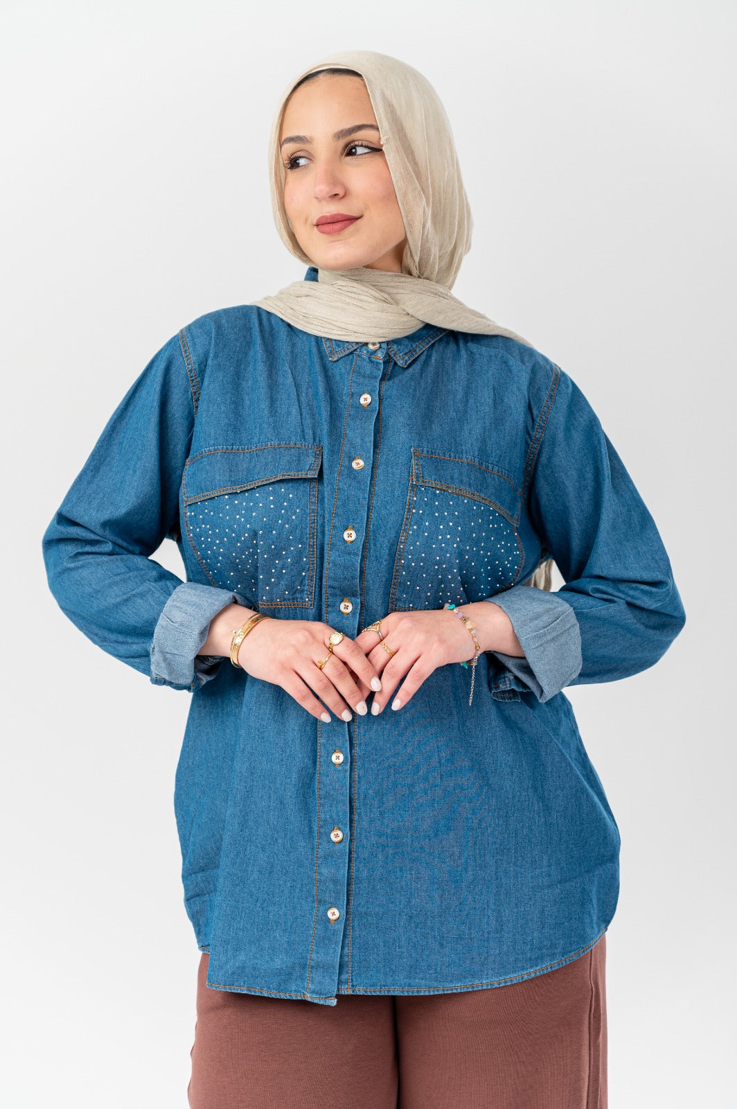 Denim jacket with crystal embellishments from Akira, featuring a pocket design and stylish casual fit.