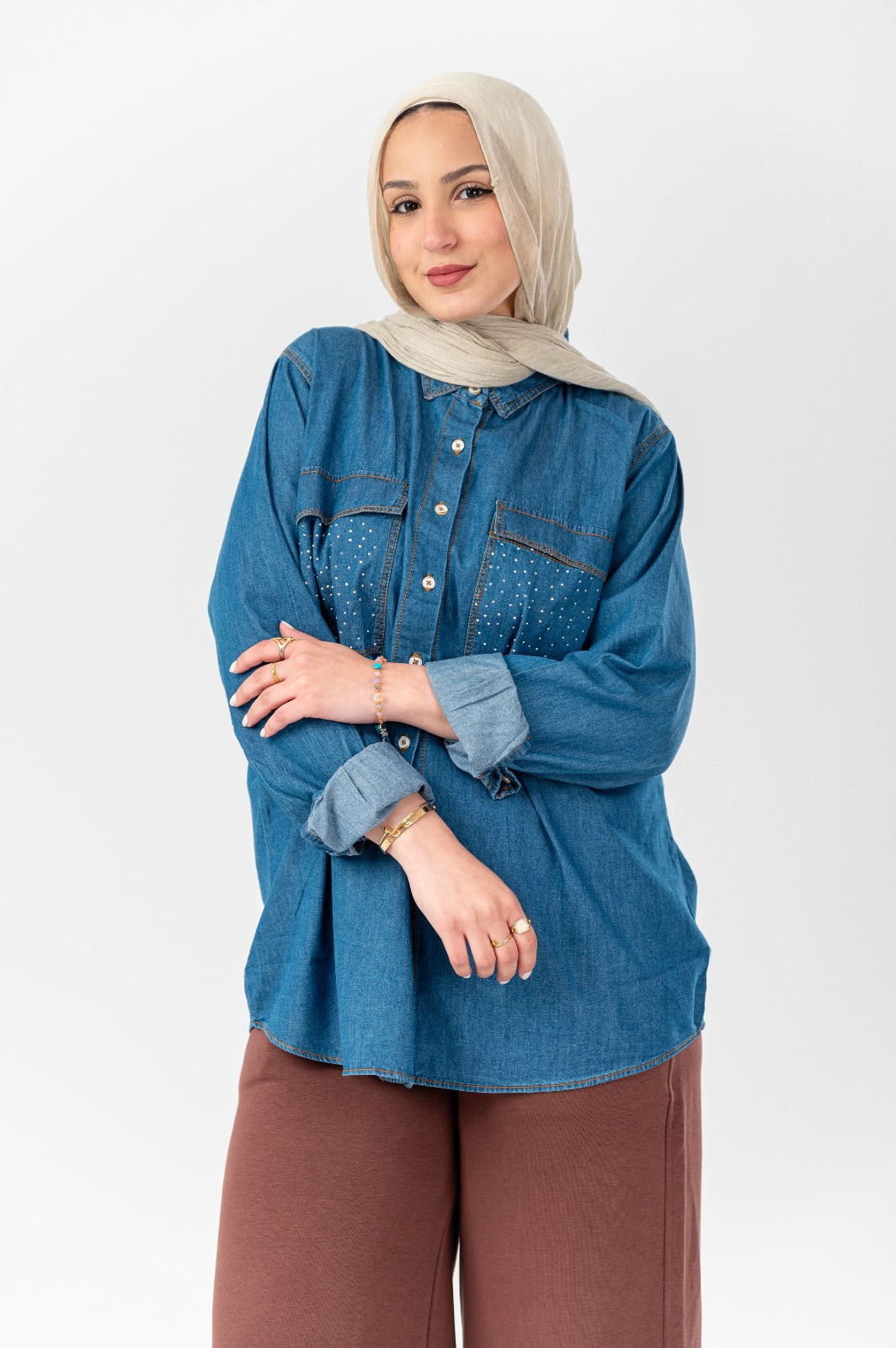 Akira Crystal-Pocket denim shacket featuring crystal-embellished pockets and classic denim design, casual outerwear for stylish layering.