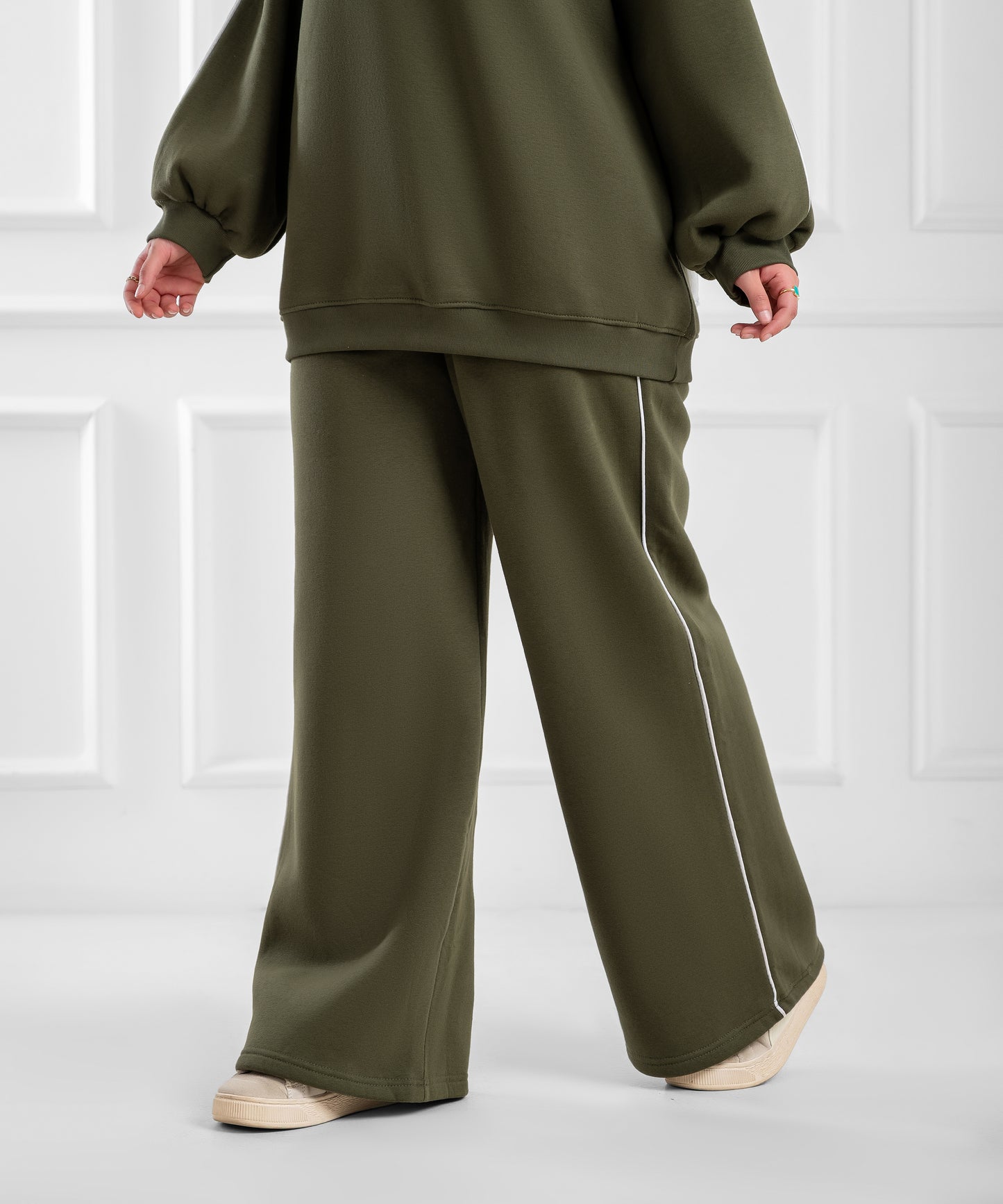 Light pink Piped Balloon-Sleeve Lounge Set by Akira, featuring soft fabric with balloon sleeves and relaxed fit.