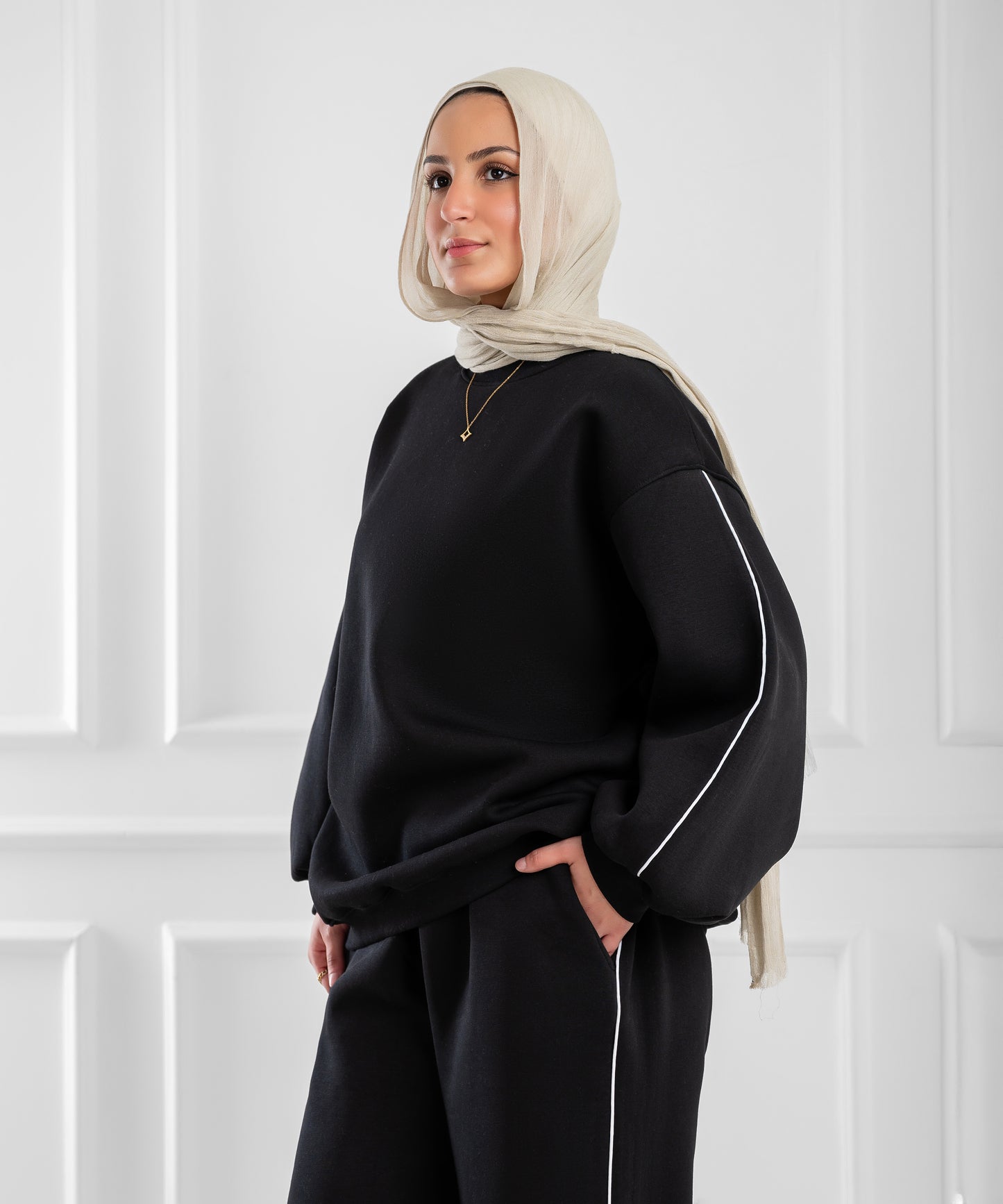 Pink balloon-sleeve lounge set by Akira featuring soft fabric and relaxed fit, perfect for comfortable home wear.