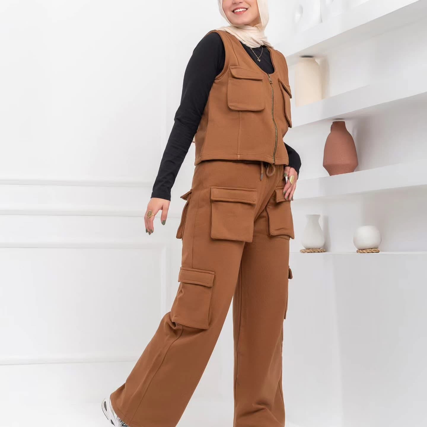 Black Akira cargo set featuring a comfortable jacket and matching pants with multiple cargo pockets.